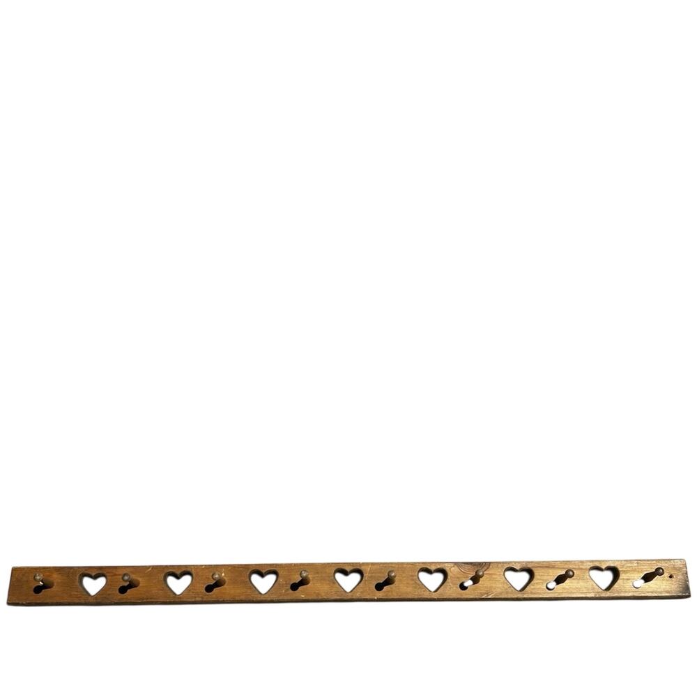 VTG Wood Wall Mounted Brown Coat Rack Panel w/ Heart Cutouts, 49 in, 11-16 Hooks